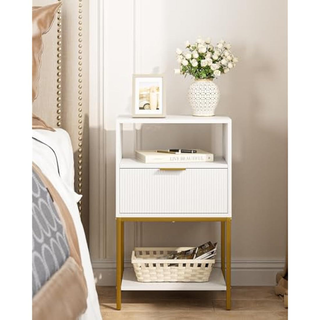 HEYZOEY White Fluted Nightstand – Tall Bedside Table with Gold Frame