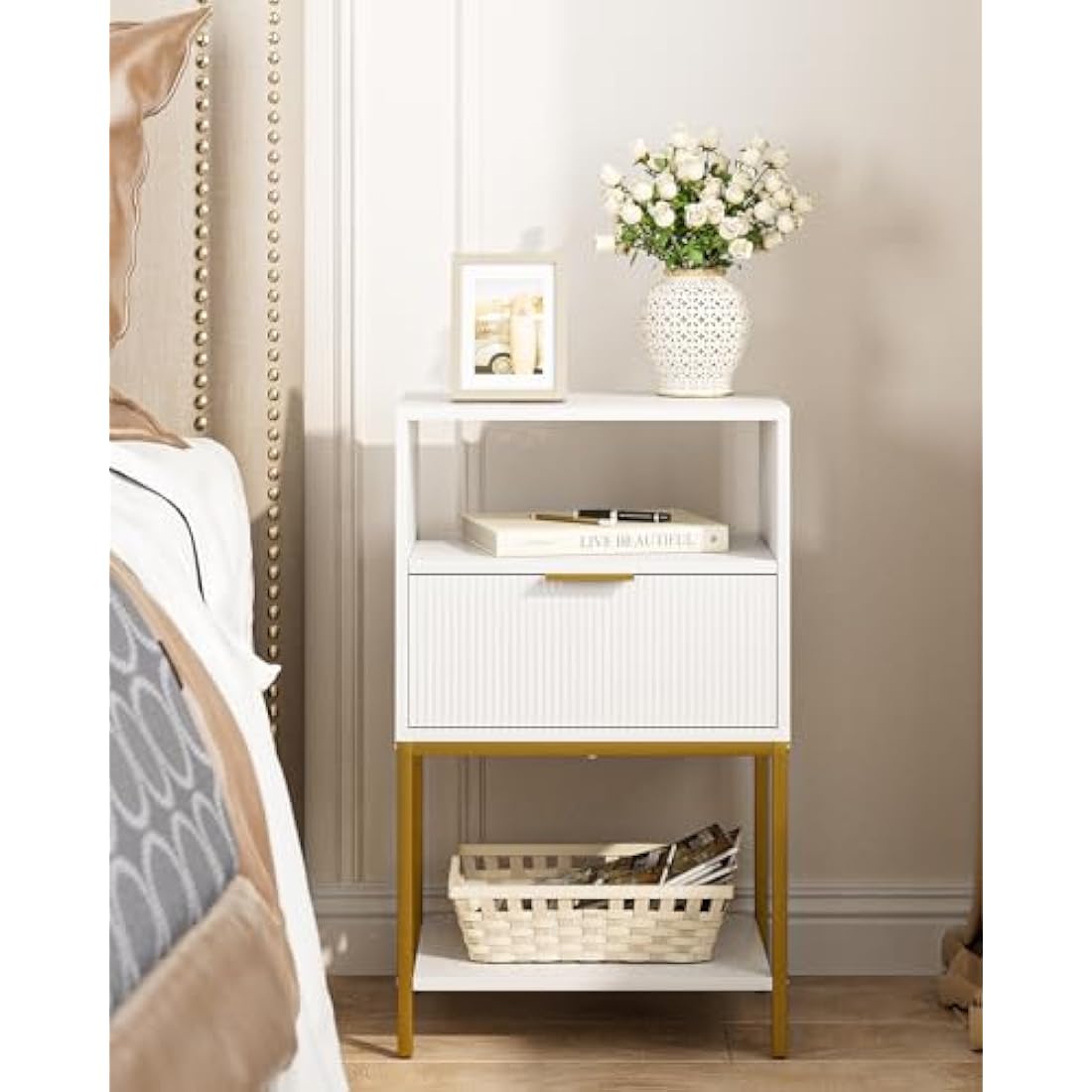 HEYZOEY White Fluted Nightstand – Tall Bedside Table with Gold Frame