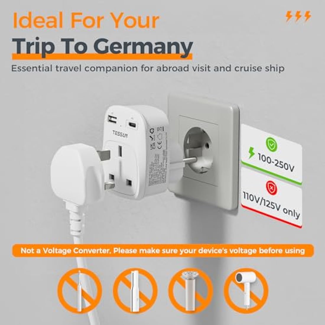 Jolof Store UK to European Plug Adapter - 2 Pack with USB C & USB A