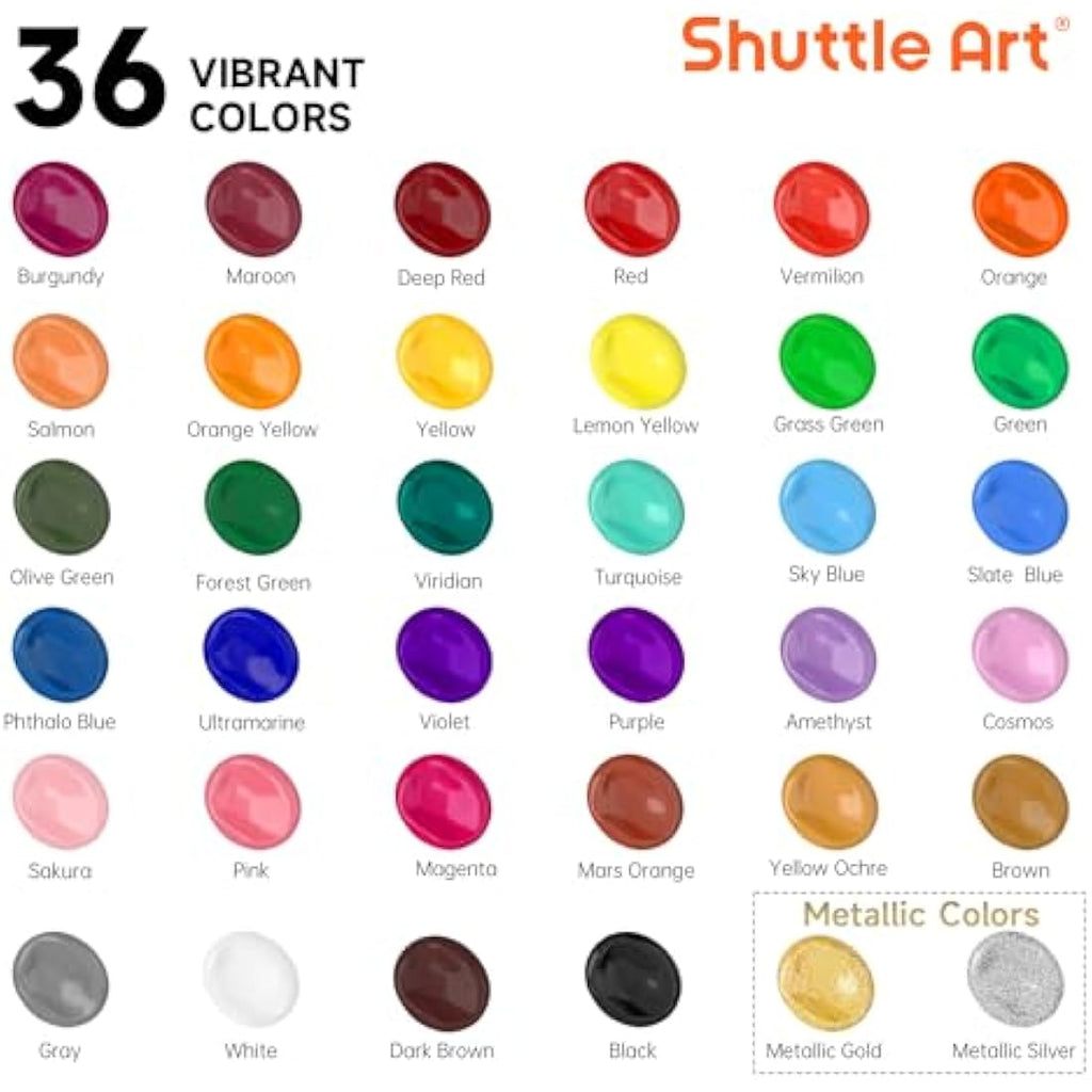 Shuttle Art Acrylic Paint Set - 36 Colors with 12 Brushes & Palette