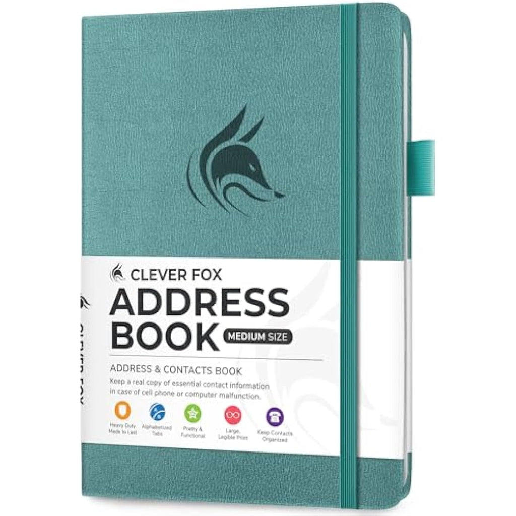 Clever Fox Address Book with Tabs – Aquamarine PU Leather Contact Organizer