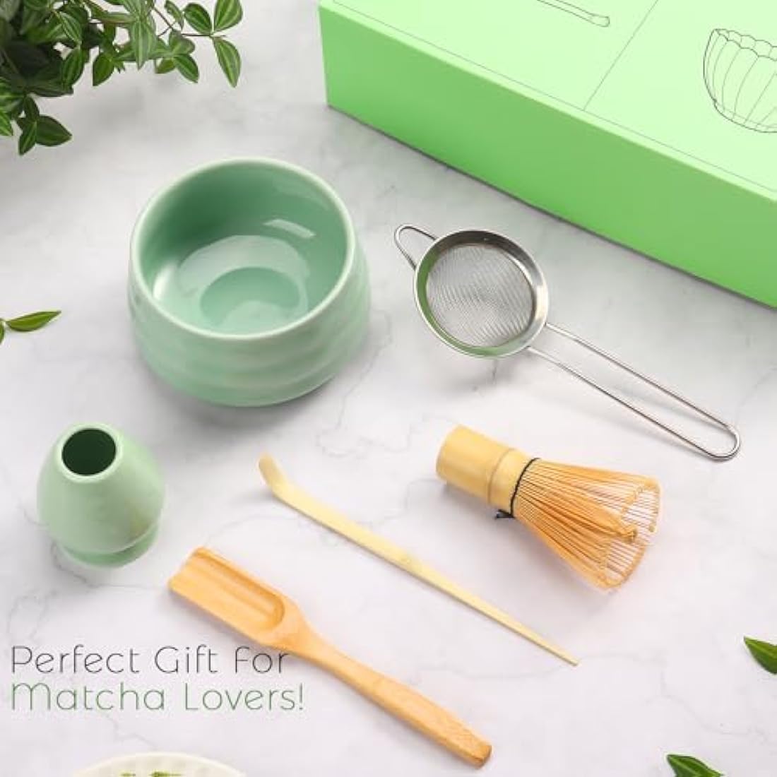 Geebuzz 6-Piece Matcha Whisk Set with Ceramic Bowl and Bamboo Tools