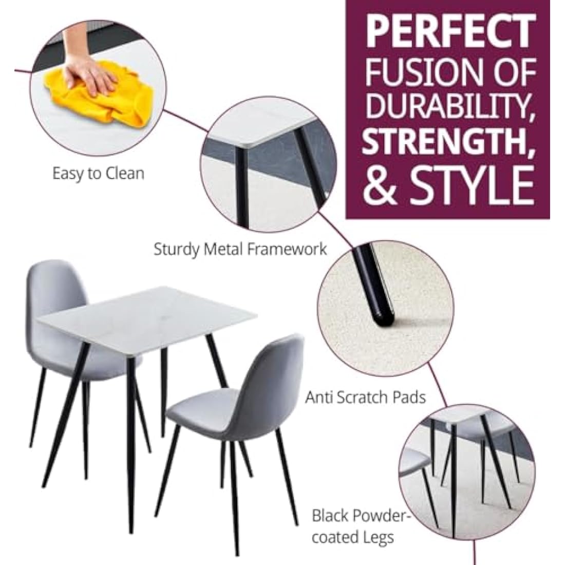 Hallowood Cullompton White Marble Dining Table and 2 Grey Fabric Chairs