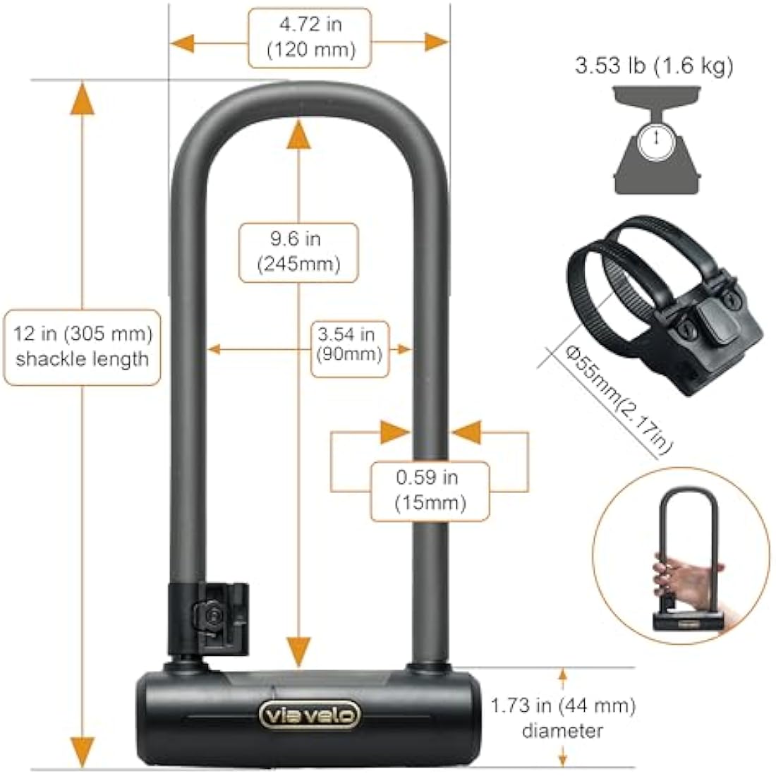Via Velo Heavy-Duty Bike U-Lock and Chain Set | Sold Secure Gold