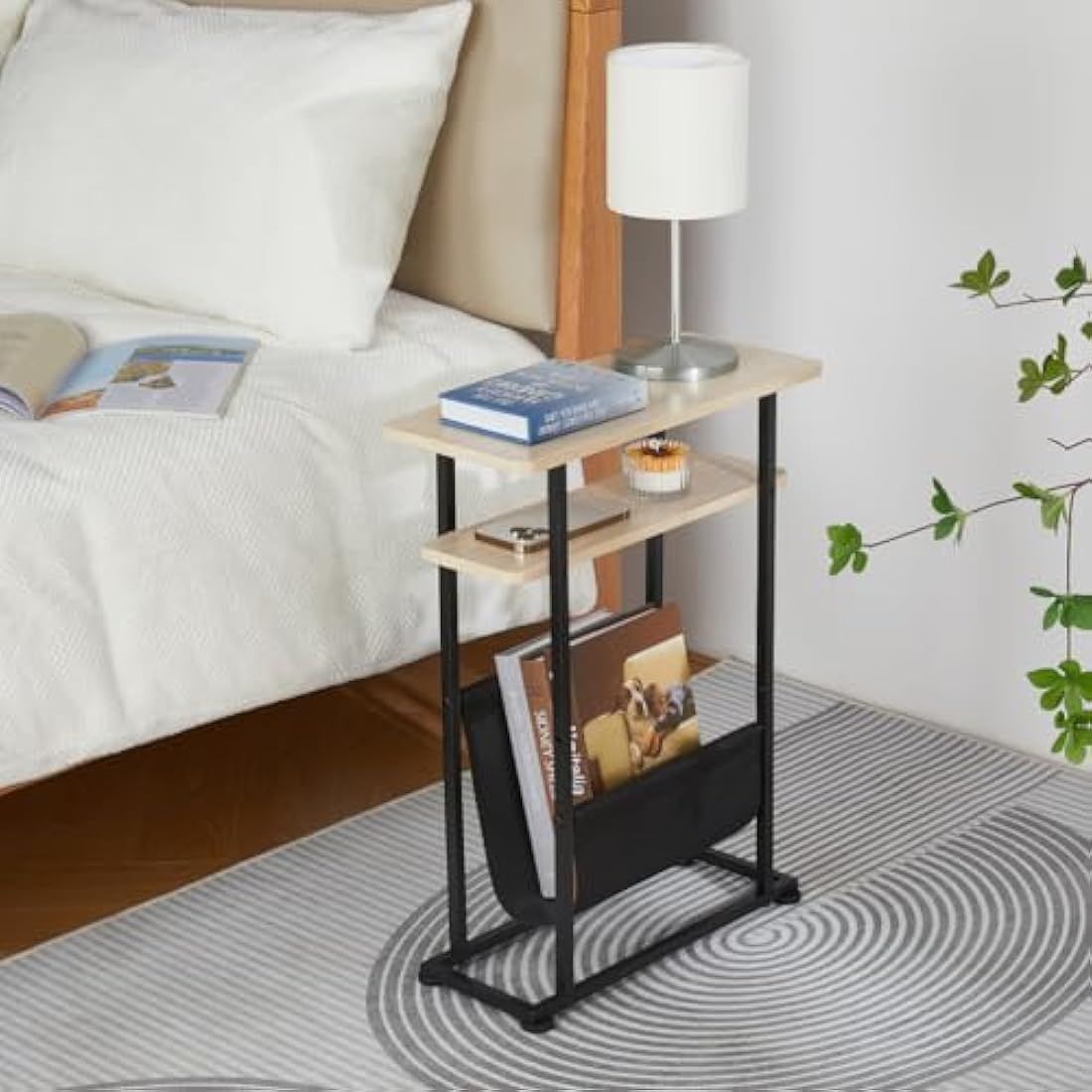 ZEXVIDA Narrow Side Table with Magazine Holder – Slim Oak End Table