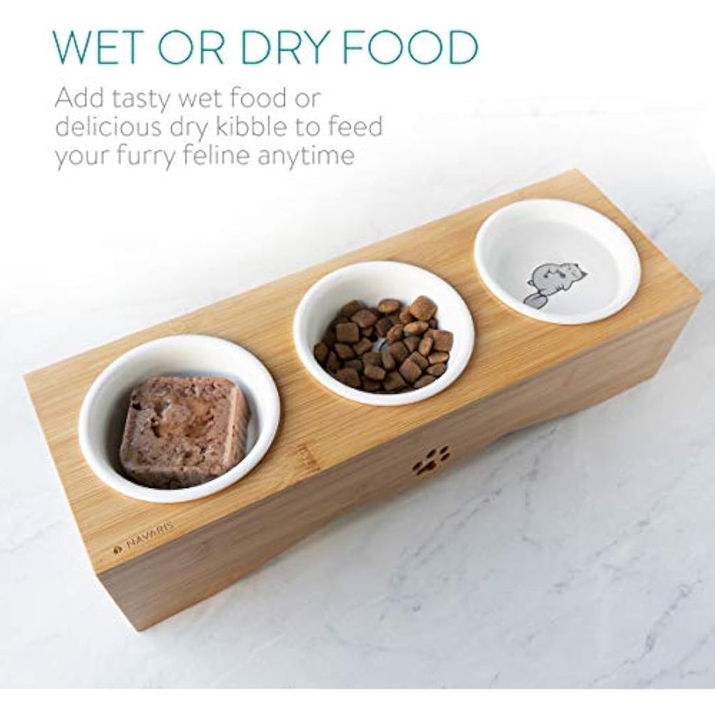 Navaris Elevated Triple Cat Bowls - Ceramic Feeder with Bamboo Stand
