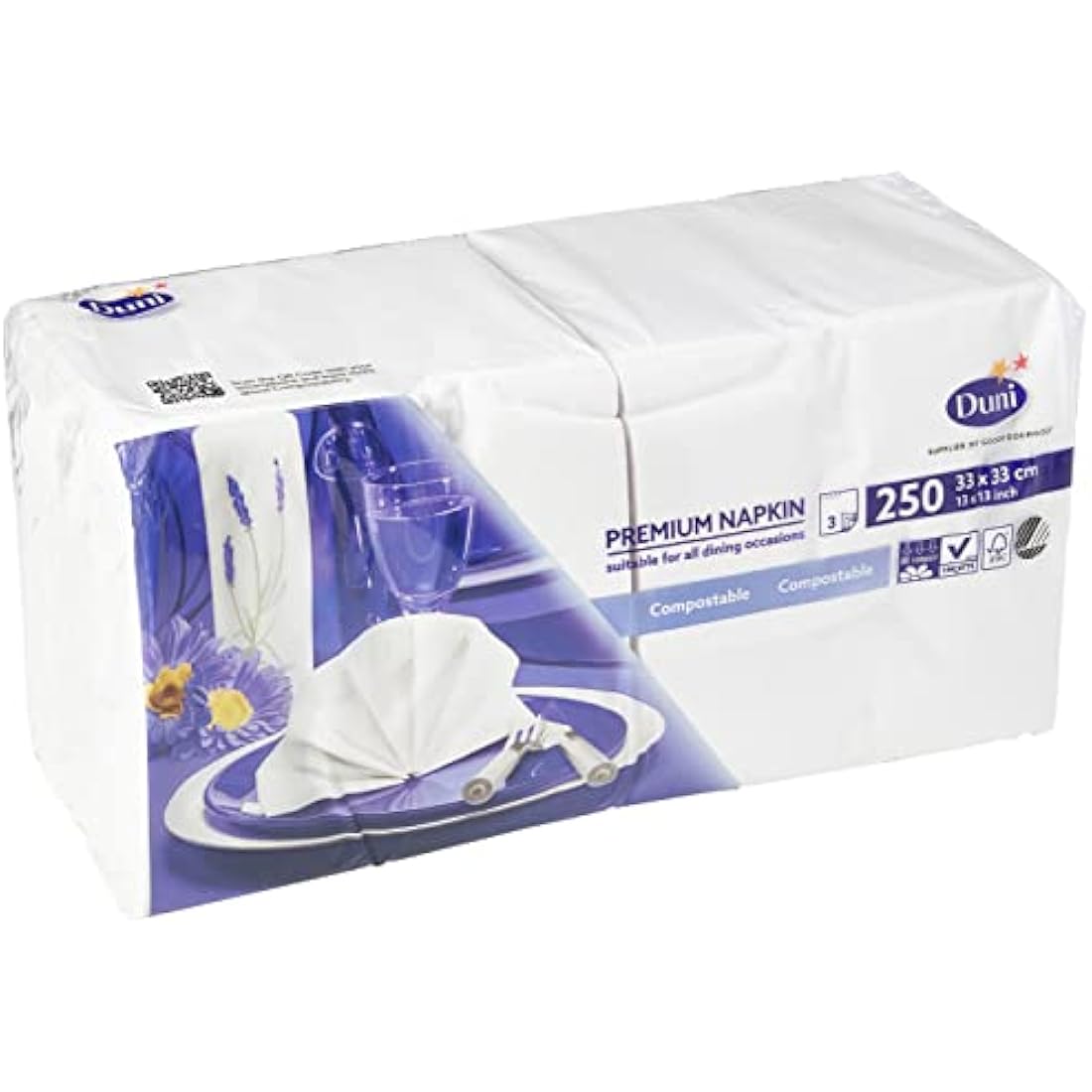 Duni Premium White Napkins – 250 Pack Large 3-Ply Disposable Tableware
