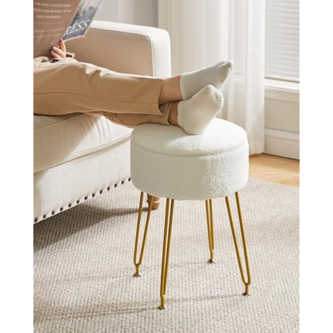 IBUYKE Teddy Velvet Storage Ottoman – Vanity Stool with Gold Legs, White