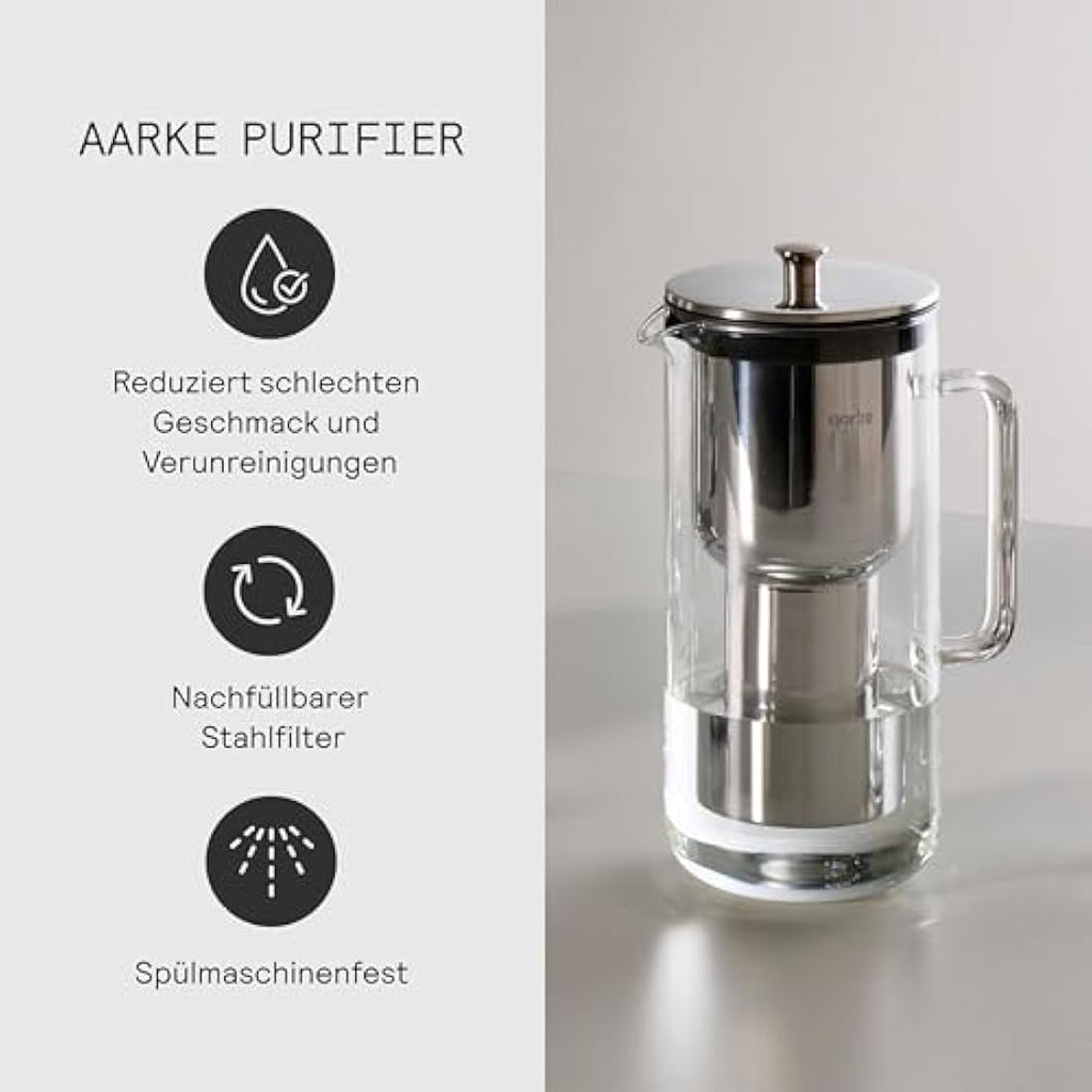 Aarke Purifier – 1.2L Glass & Stainless Steel Water Filter Jug