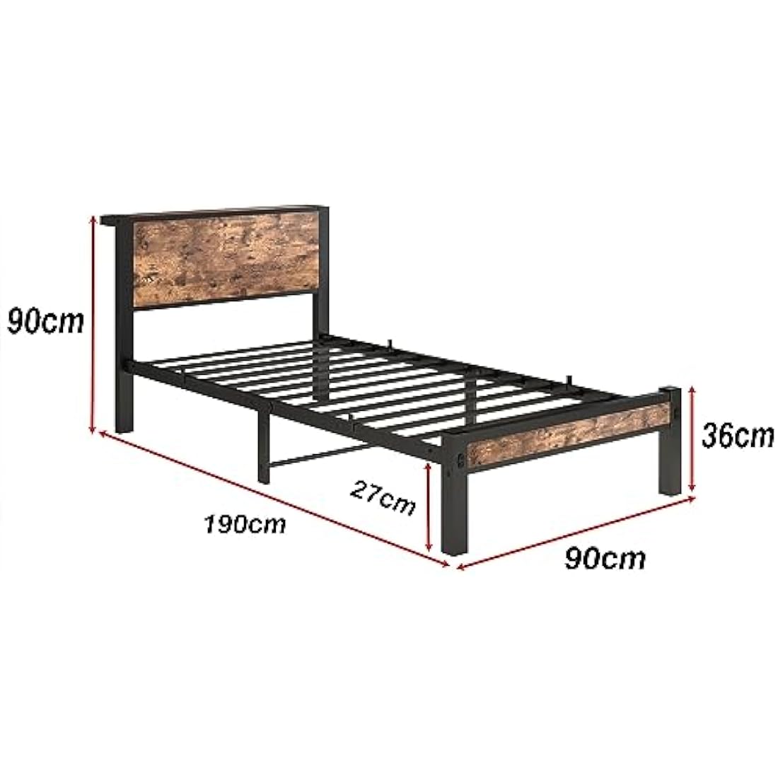DUMEE Single Metal Bed Frame with Storage Headboard - Black & Brown