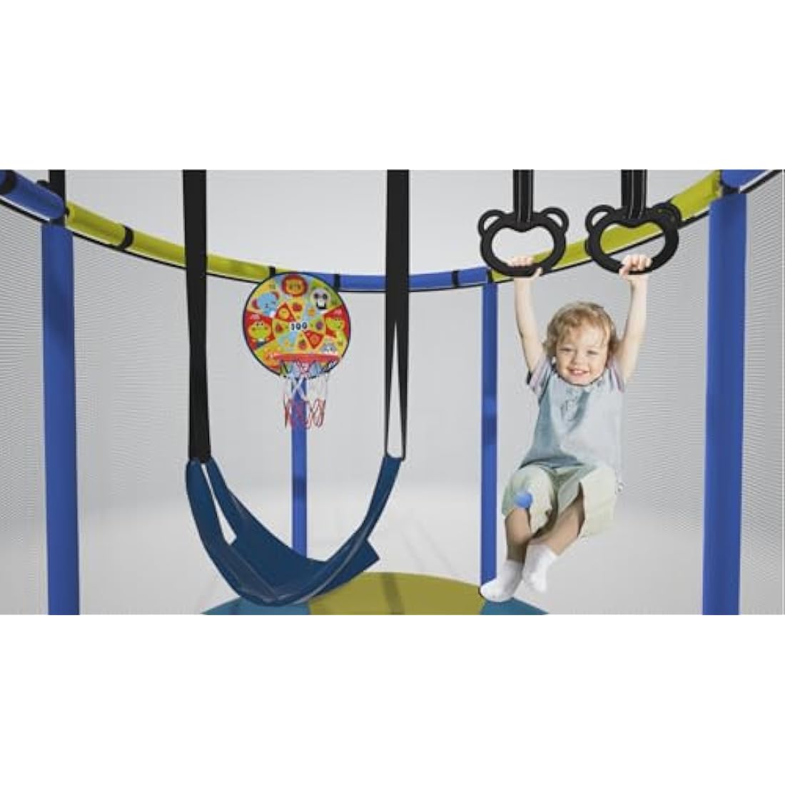 Jolof Store Kids Trampoline with Basketball Hoop, Swing & Pull Rings