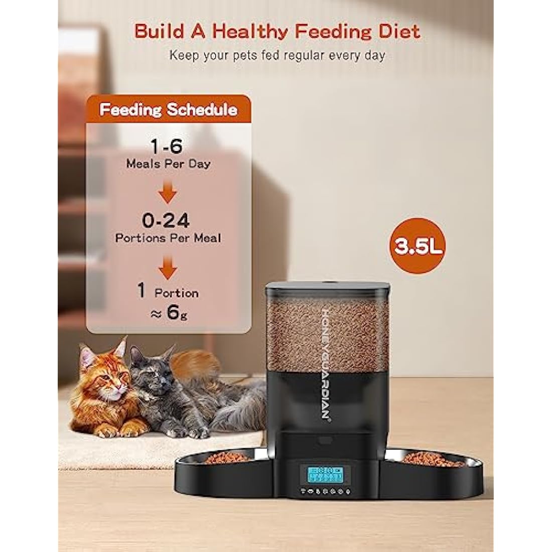 HoneyGuaridan Automatic Dual Cat Feeder | 3.5L Timed Food Dispenser