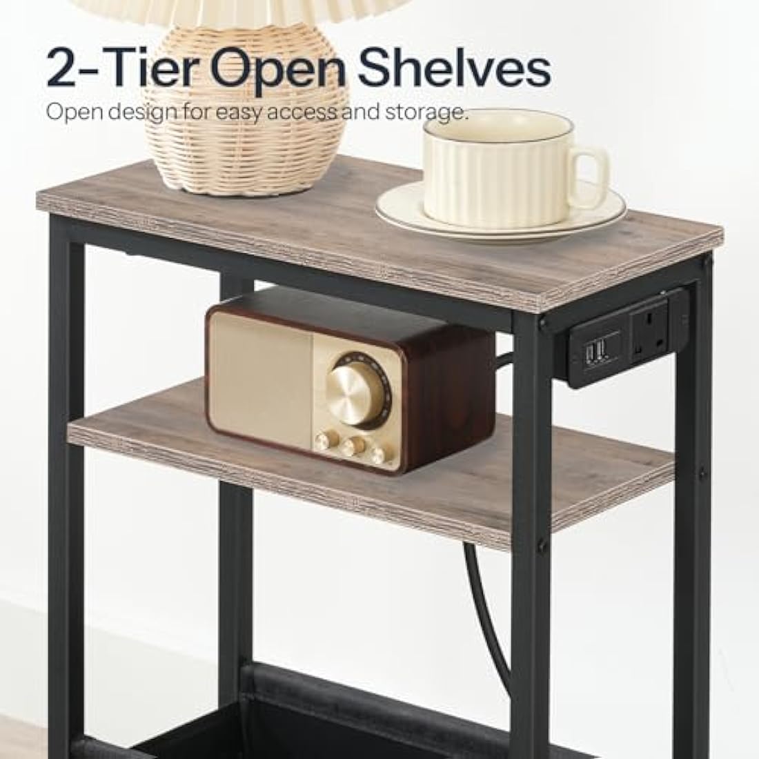 HOOBRO Narrow Side Table with Charging Station and USB Ports – Greige