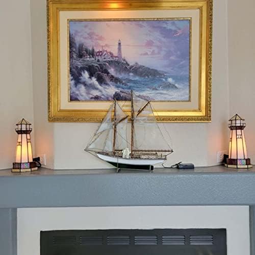 Bieye Lighthouse Tiffany Style Stained Glass Accent Table Lamp - 12" H