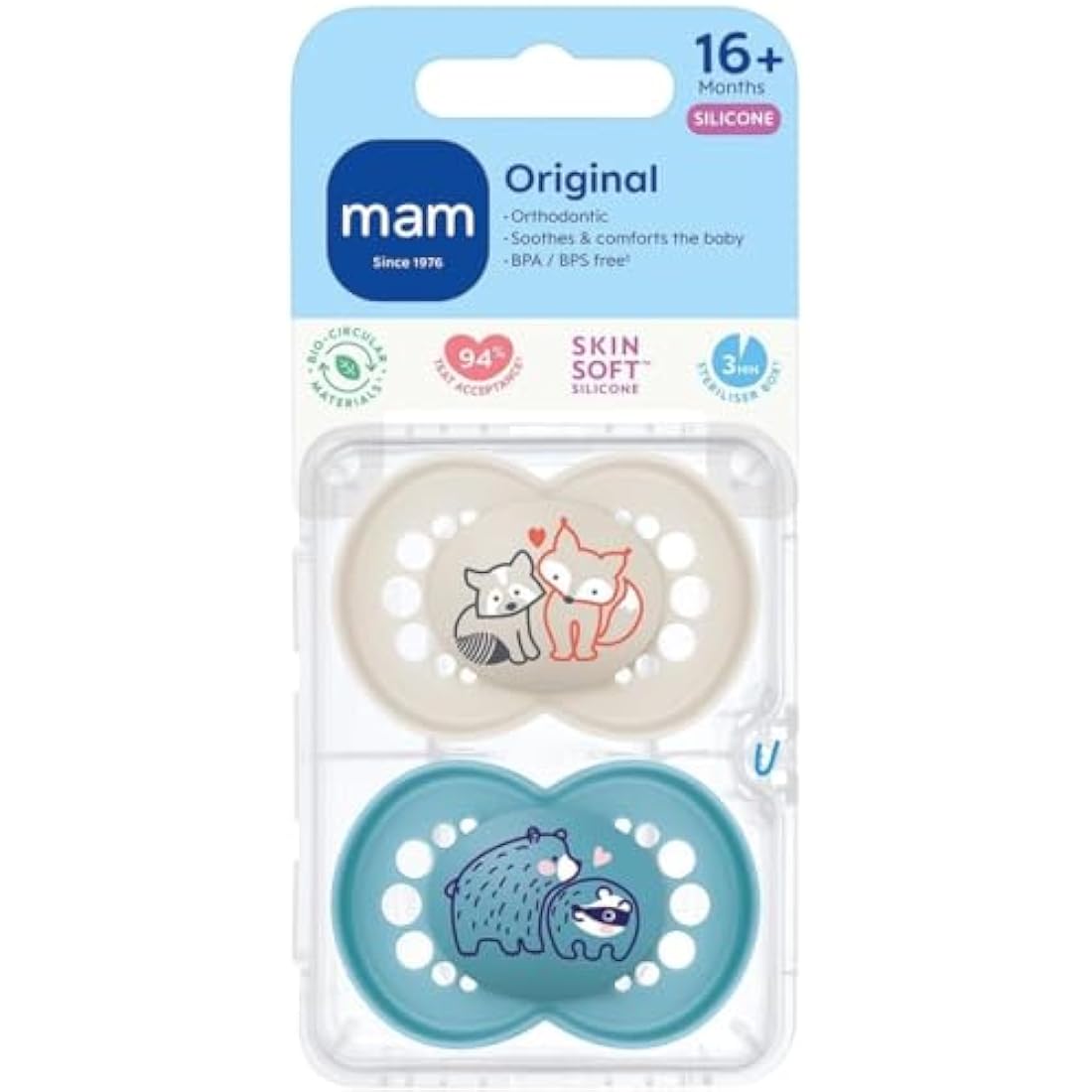 MAM Original Soothers | SkinSoft Silicone Orthodontic Dummies | Blue | 2 Pack