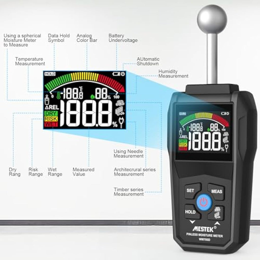 MESTEK 2-in-1 Moisture Meter | Pin & Pinless Damp Detector for Wood and Walls