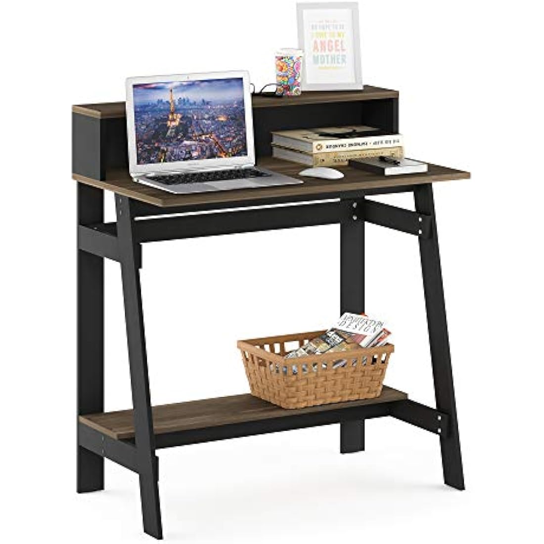 Furinno Simplistic A-Frame Computer Desk with Hutch - Columbia Walnut