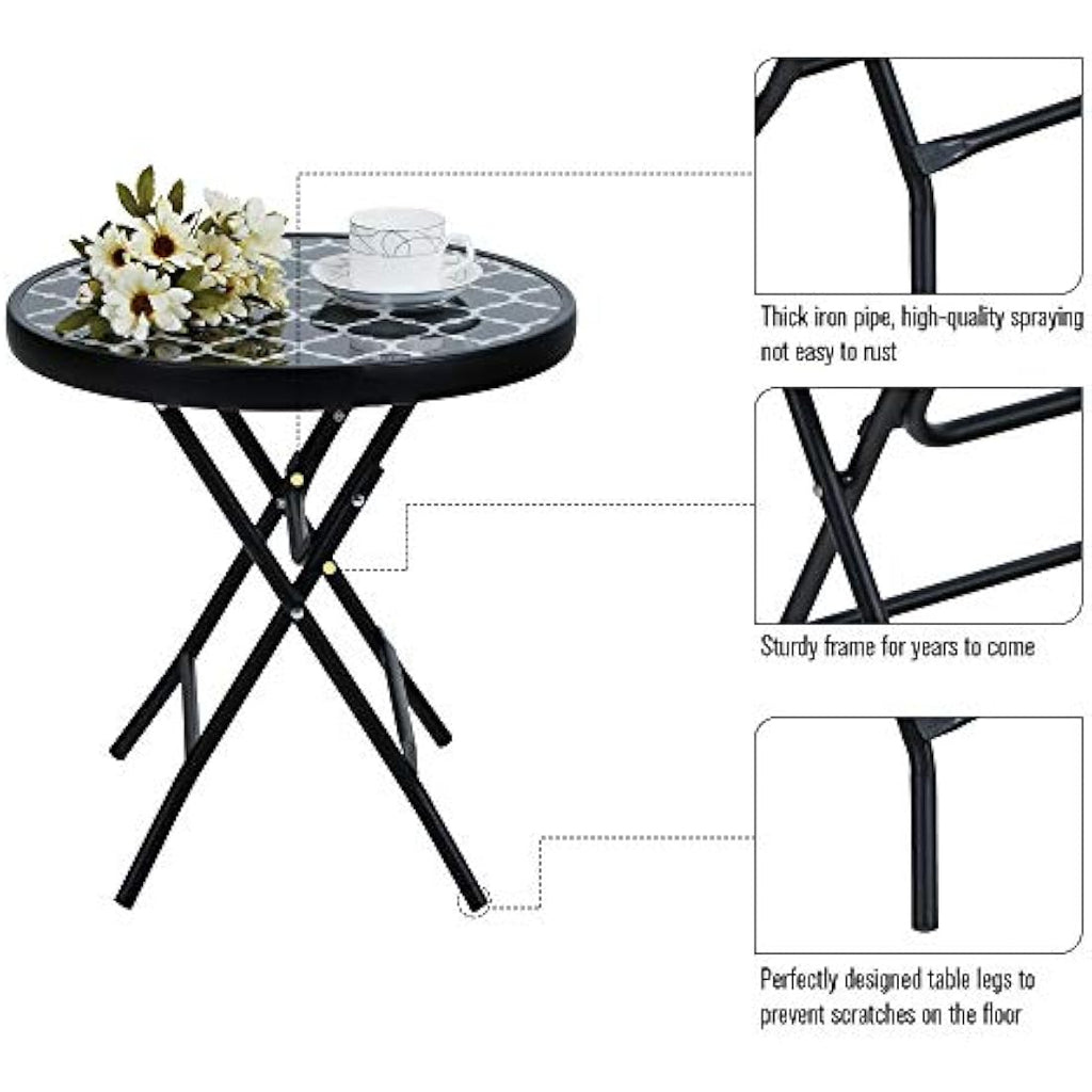 PHI VILLA Folding Side Table | Tempered Glass Outdoor Patio Table – Black