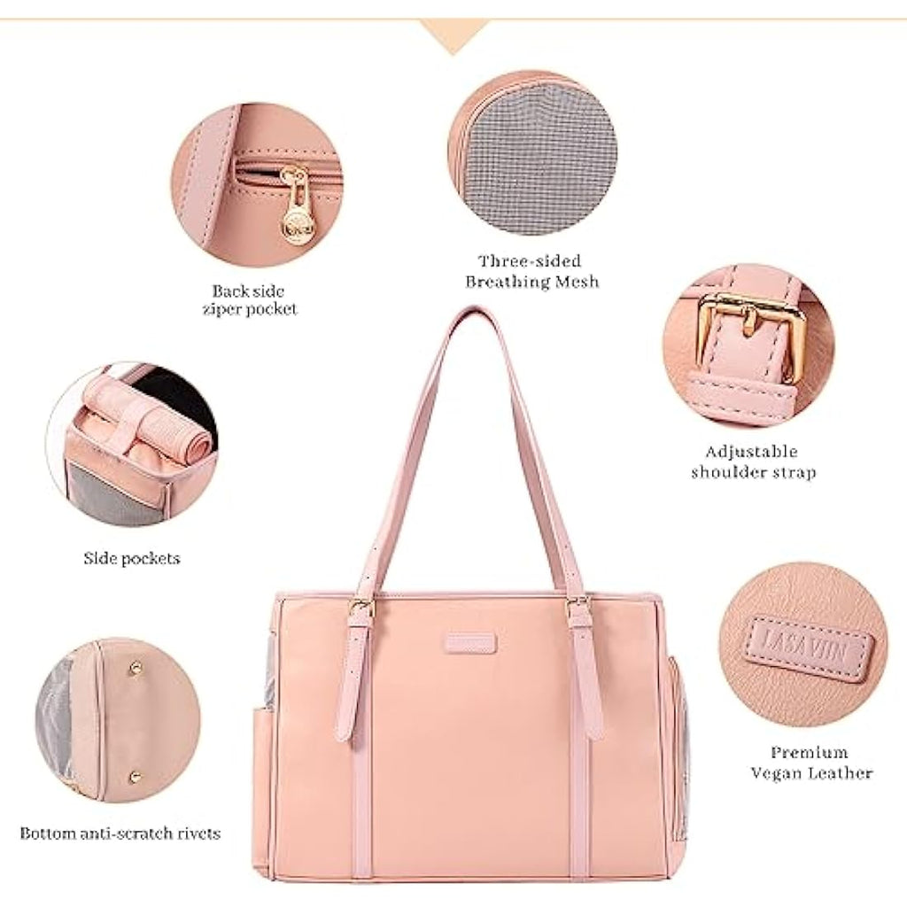 Lasaviin Vegan Leather Pet Carrier – Airline Approved Dog Purse (Pink)
