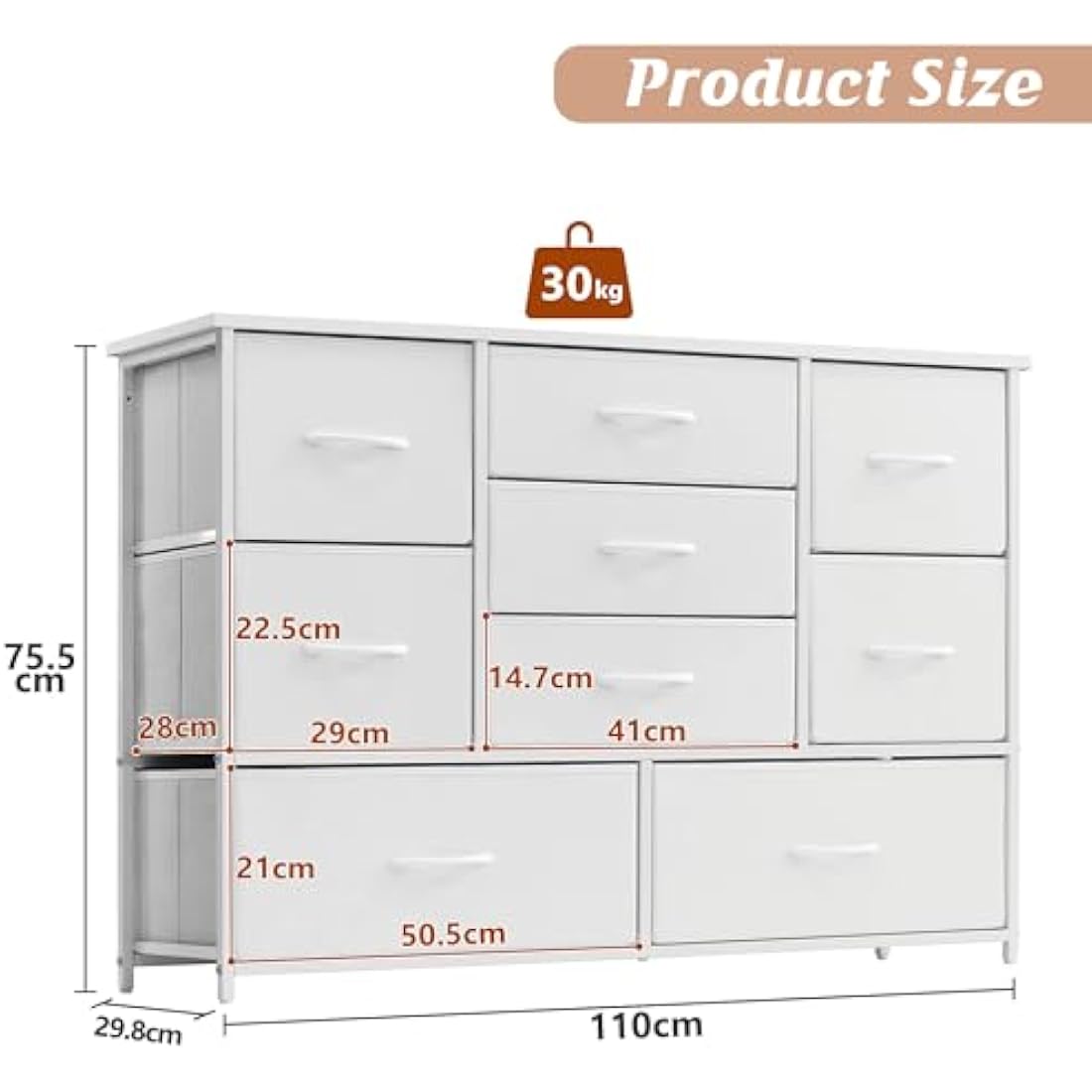 LYNCOHOME 9 Drawer Fabric Dresser – White Chest of Drawers for Bedroom