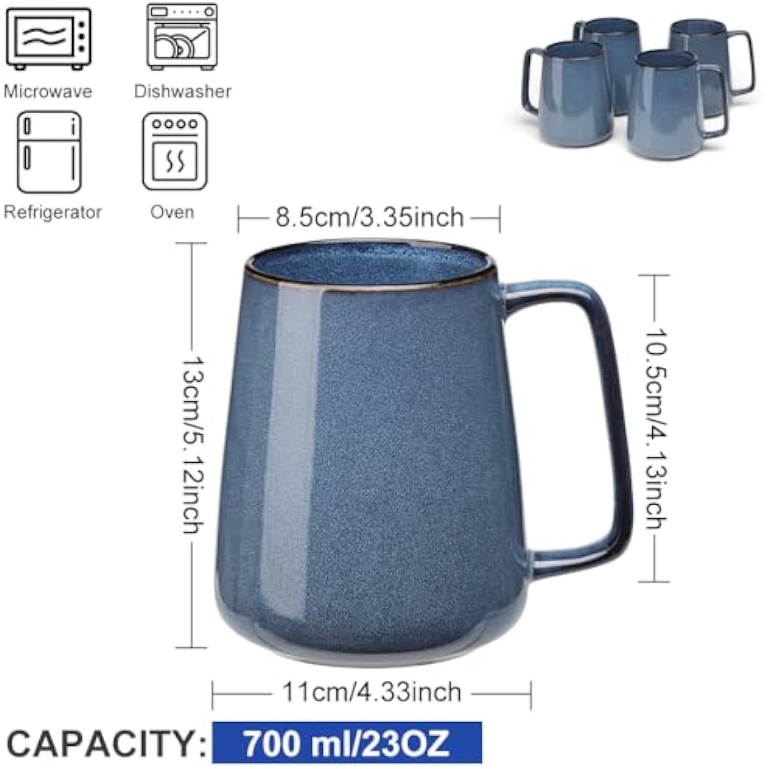 700ml Large Blue Ceramic Coffee Mugs – Set of 4 Jumbo Cups