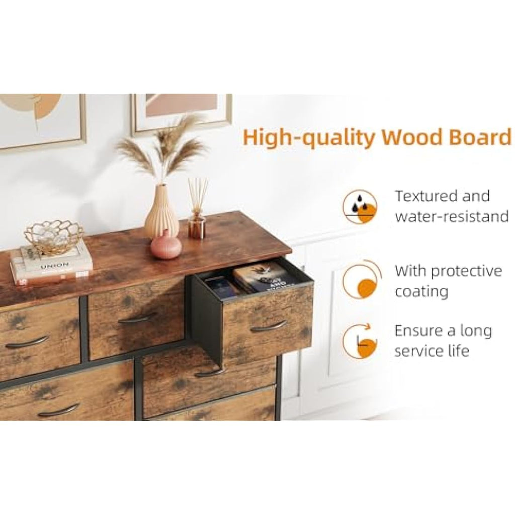 CAIYUN 9-Drawer Fabric Dresser | Rustic Brown Storage Chest for Bedroom