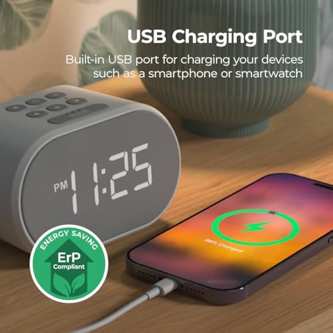 i-box Bedside FM Radio Alarm Clock with USB Charging & Dual Alarm - White