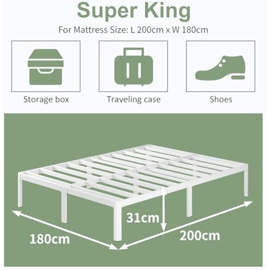 Jolof Store Super King Metal Bed Frame – Heavy Duty 6ft Platform, White