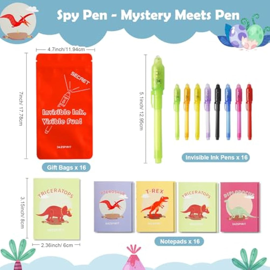 DazSpirit 16-Pack Invisible Ink Spy Pens & Dinosaur Notebooks Party Favors