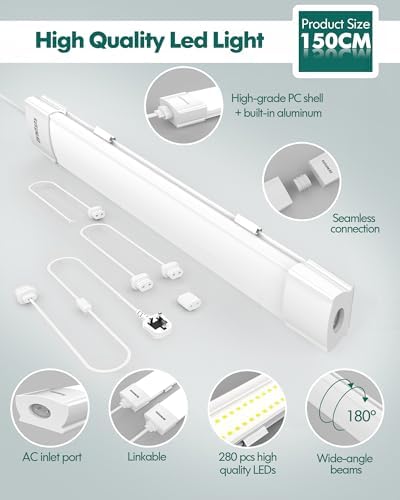KUKUMAO 5FT LED Batten Light – 45W 6000K IP66 Waterproof Linkable Shop Light