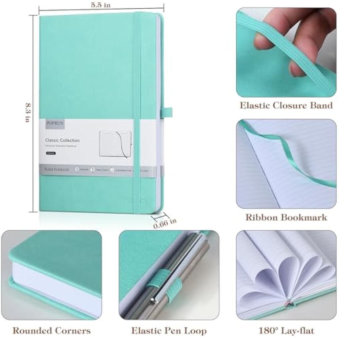 POPRUN A5 Lined Journal Notebook – 8 Pack Vegan Leather Hardcover