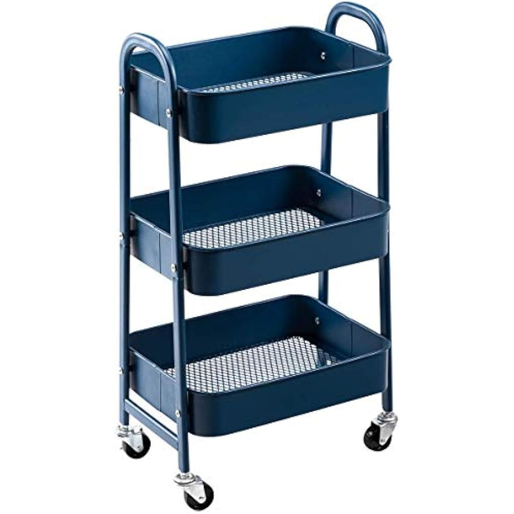DOEWORKS 3-Tier Metal Rolling Utility Cart – Navy Blue Storage Trolley