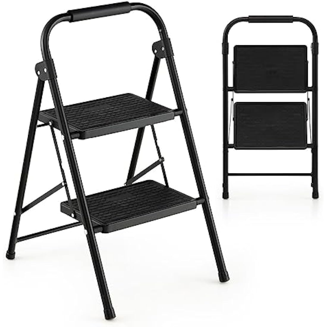 TANGZON 2-Step Folding Ladder | Heavy-Duty Steel Stool with Handrail