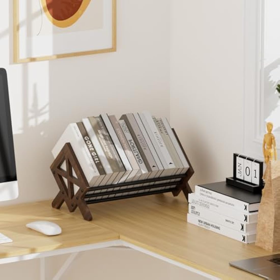 THYGIFTREE Oak Wood Desktop Bookcase – V-Shaped Tilting Storage Rack, Brown
