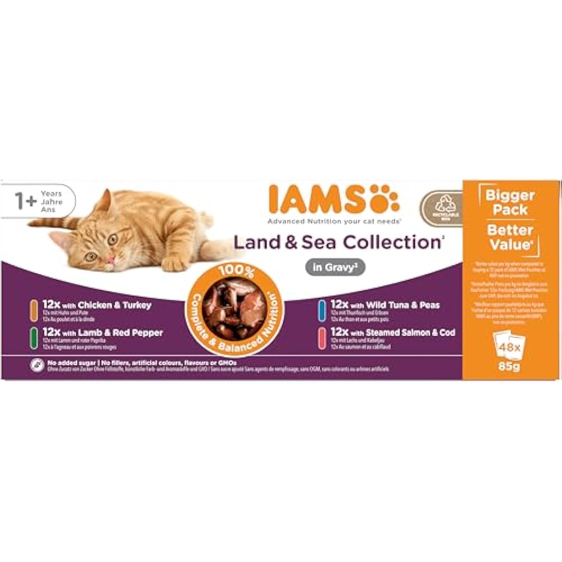 IAMS Adult Wet Cat Food Land & Sea in Gravy - 48 x 85g Multipack