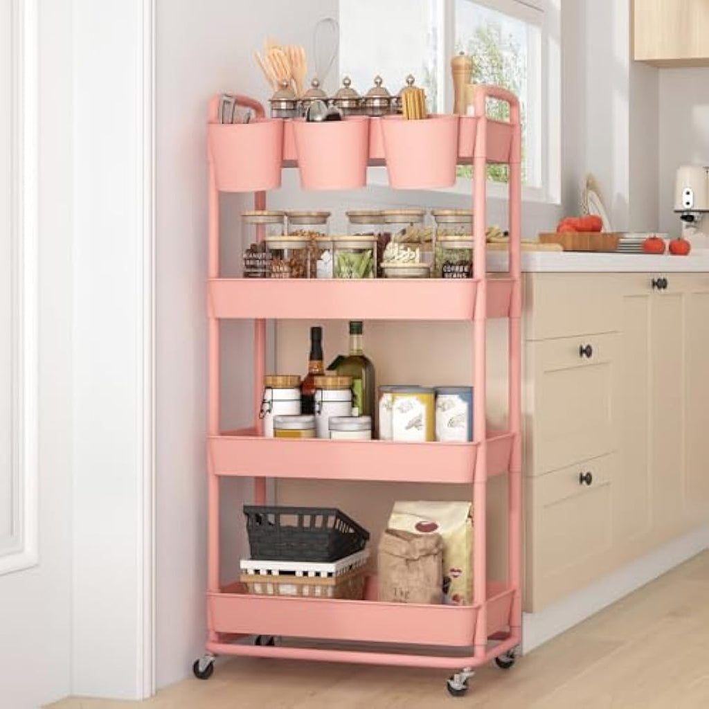 JIUYOTREE 4-Tier Plastic Rolling Utility Cart with Handles - Pink