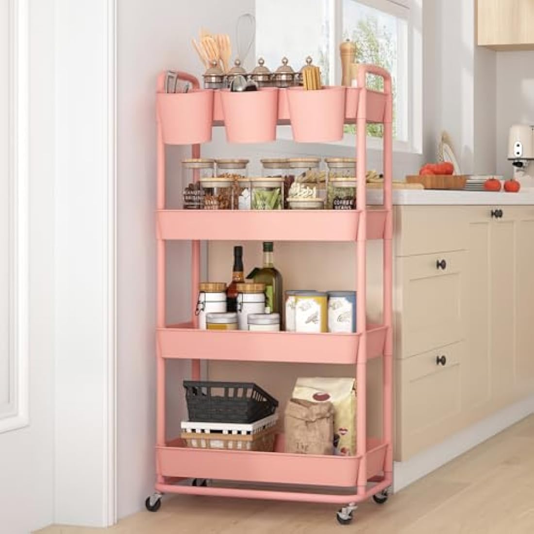 JIUYOTREE 4-Tier Plastic Rolling Utility Cart with Handles - Pink
