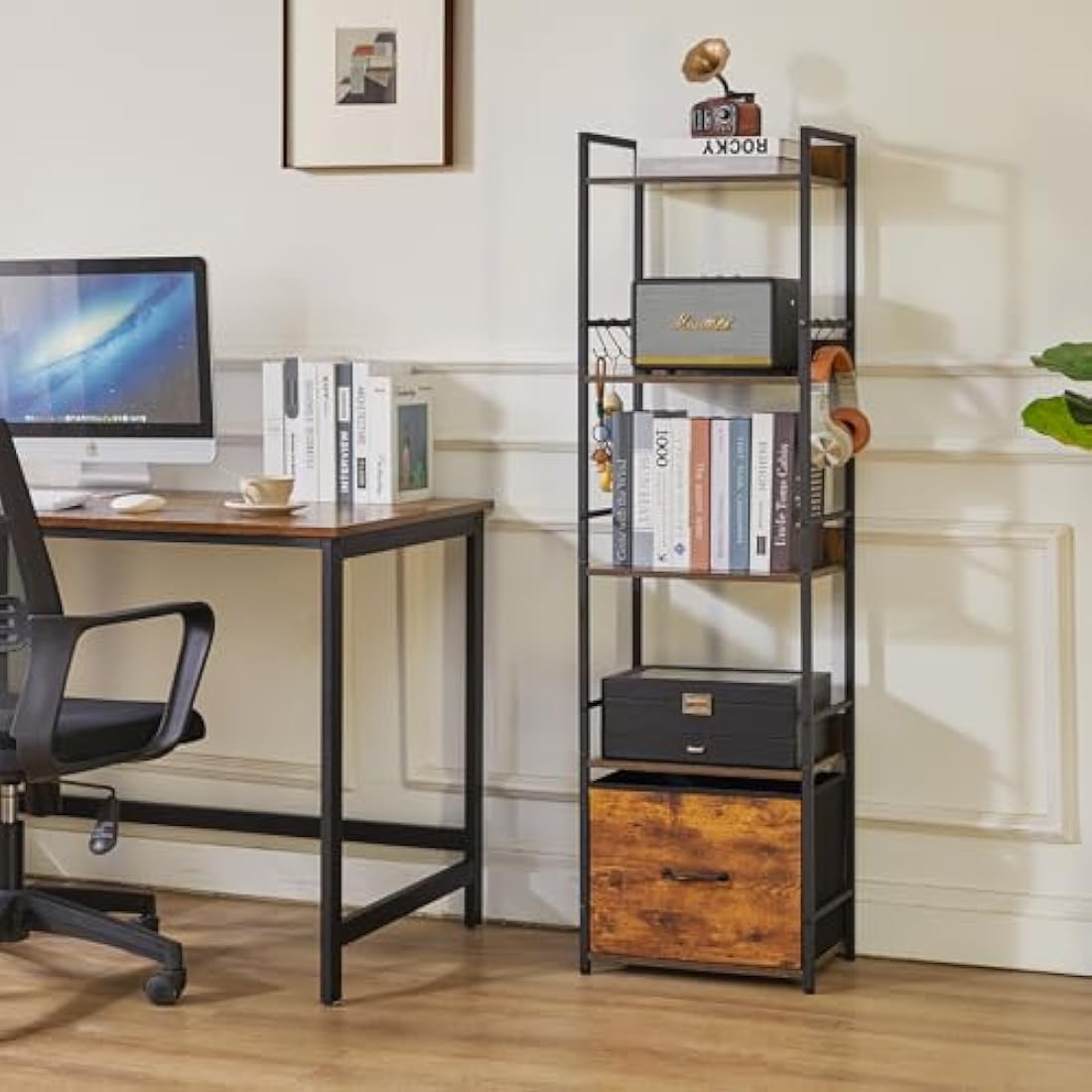 Aibiju 5-Tier Industrial Bookshelf with Fabric Drawers – Rustic Brown