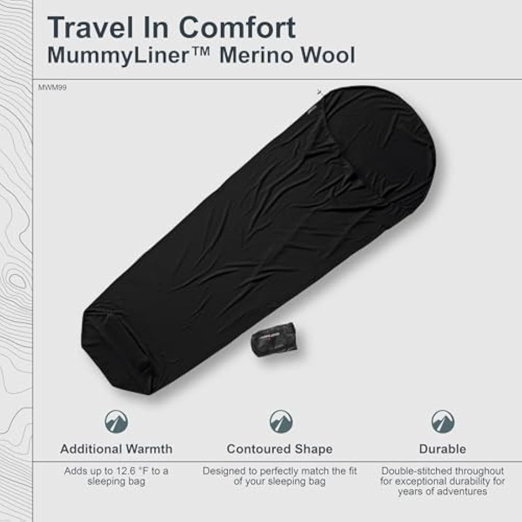 Cocoon Merino Wool Mummy Sleeping Bag Liner – Ultralight Thermal Black