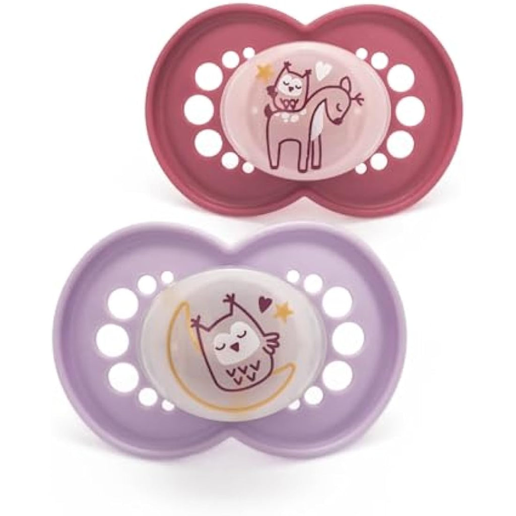 MAM Night Soothers | Glow in the Dark Orthodontic Dummies | 6+ Months | Pink