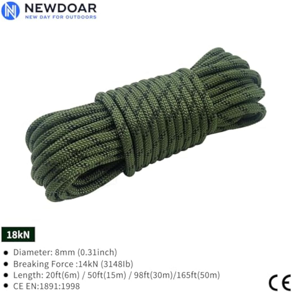 NewDoar 10mm Static Accessory Cord – 18KN High Strength Double Braid Rope