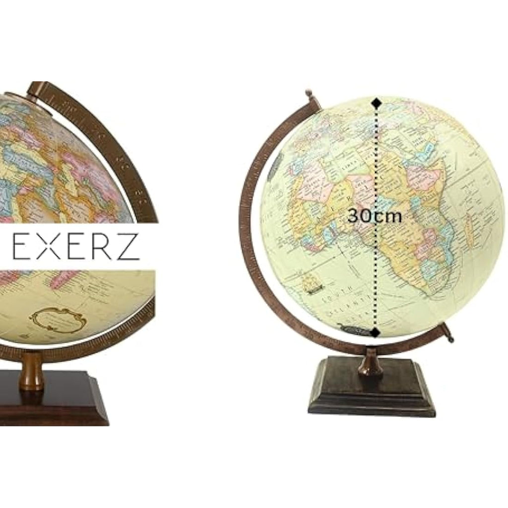 30cm Antique World Globe | Vintage Map with Wooden Base