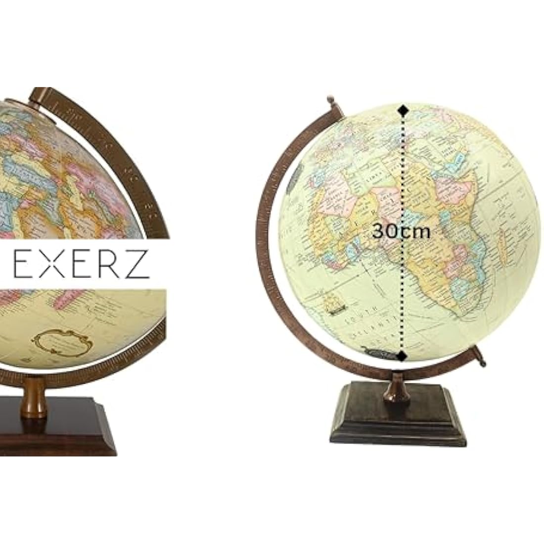 30cm Antique World Globe | Vintage Map with Wooden Base