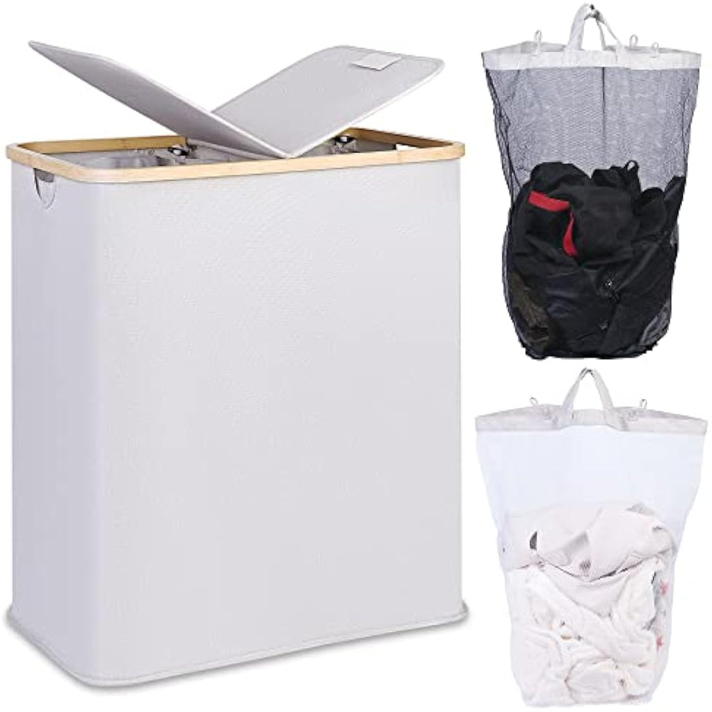 efluky 140L Double Laundry Basket with Lid - Bamboo & Linen Hamper
