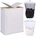 efluky 140L Double Laundry Basket with Lid - Bamboo & Linen Hamper