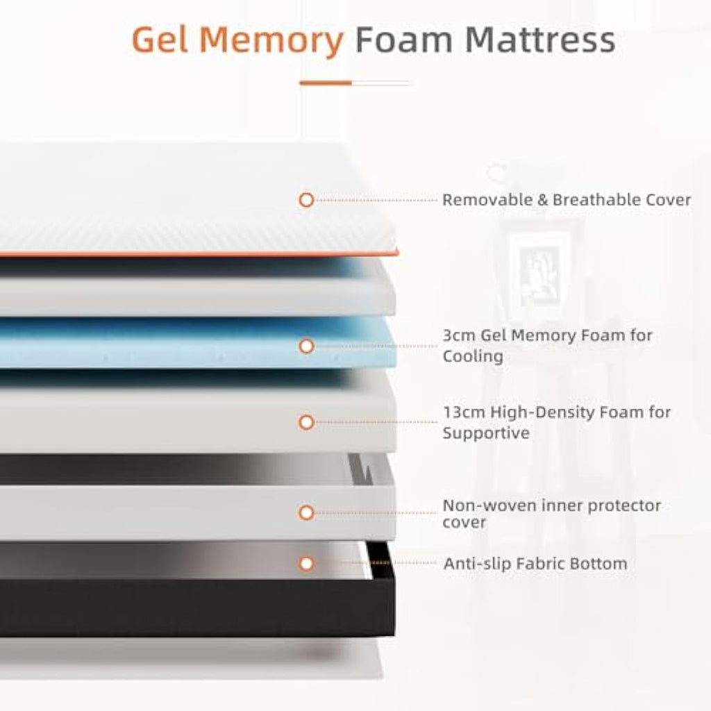 Vesgantti Single Mattress – 16cm Cooling Gel Memory Foam – 90x190cm