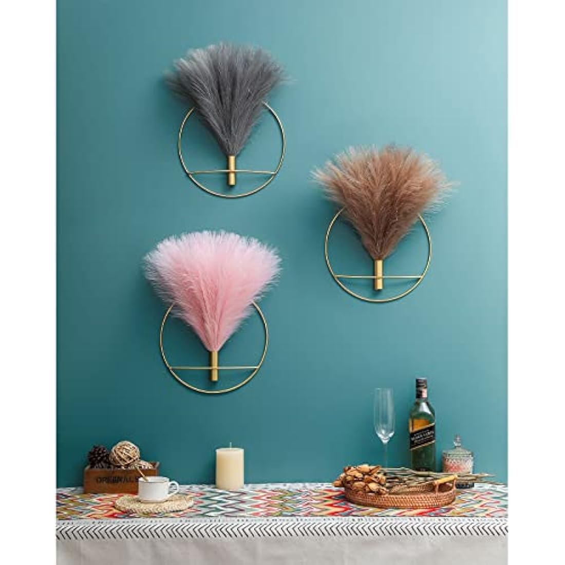 Metal Wall Vase Decor – 2 Pack Gold Ring with Pampas Grass