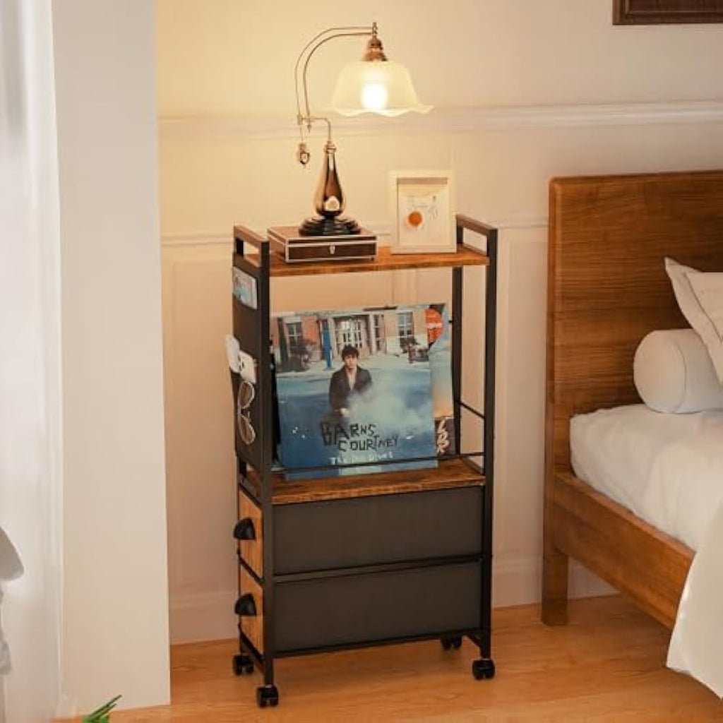 LyTaispuly Narrow Side Table with Drawers and Wheels – Rustic Slim Nightstand