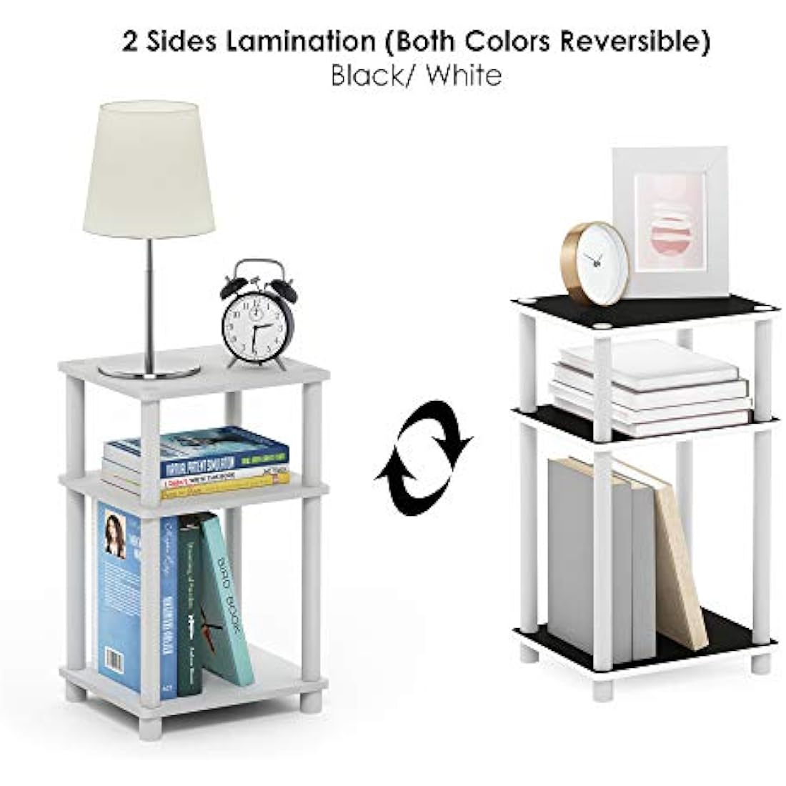 Furinno 3-Tier Turn-N-Tube End Table 2-Pack | White Wood & Plastic