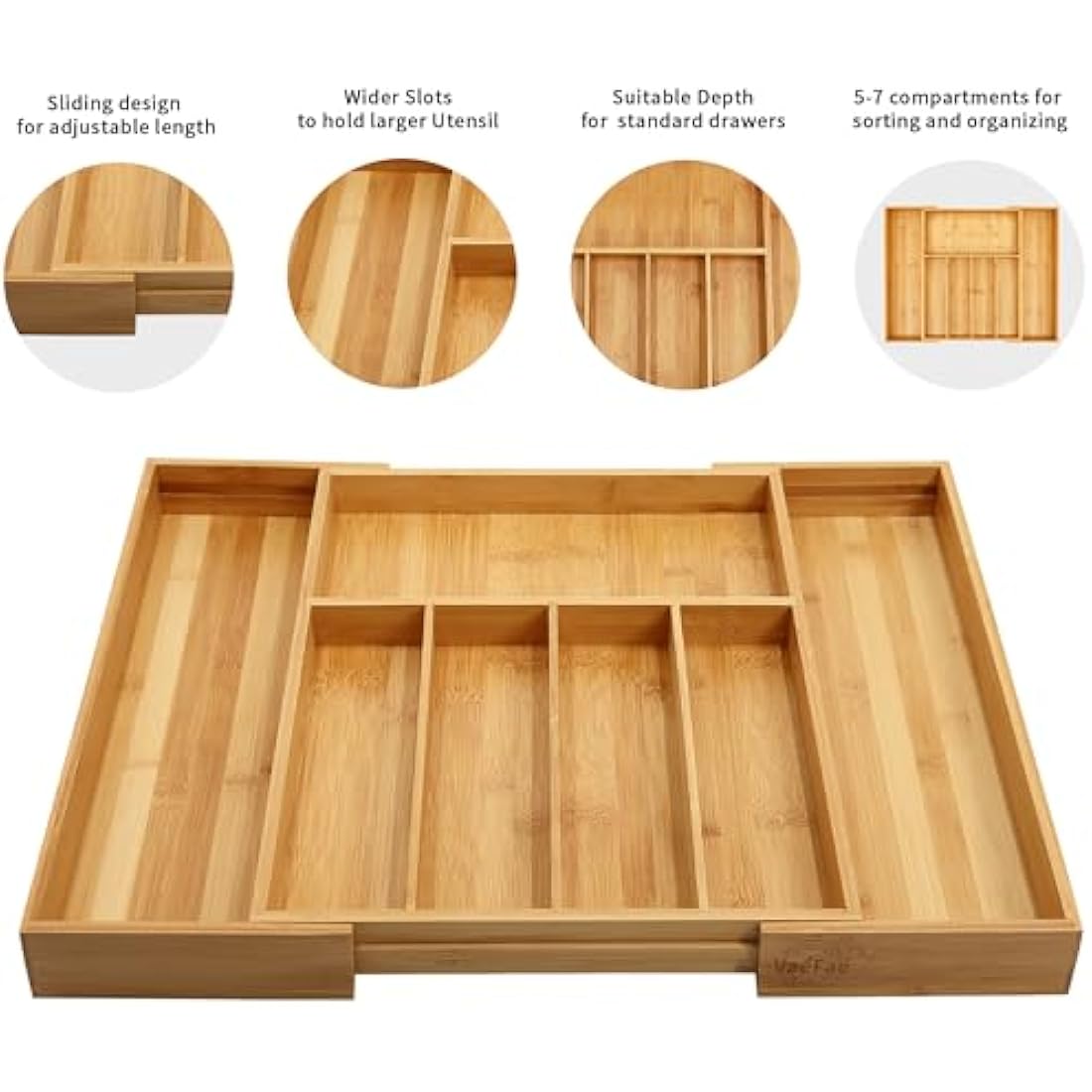 VaeFae Expandable Bamboo Cutlery Drawer Organiser | 5-7 Slot Kitchen Tray